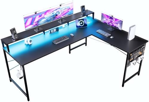 Pamray 64 Inch L Shaped Gaming Desk with Monitor Stand and Power Outlets by PAMRAY
