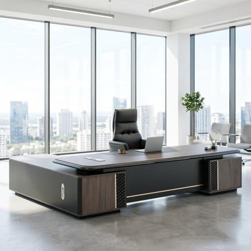 Executive Office Desk with Storage Cabinet,Modern l Shaped Executive Desk,50MM Thick Desktop for CEO Office, Reception & Commercial Workspace by Unknown
