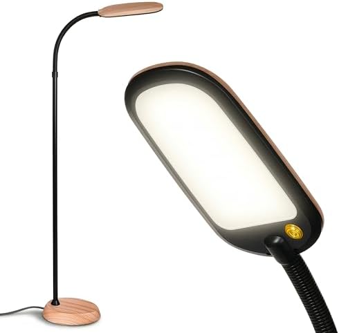 Brightech Litespan Slim LED Floor Lamp - Modern Reading Light Over Chair for Living Rooms & Offices, Tall With Adjustable Gooseneck, Crafts Work Light, Dimmable Standing for Bedroom - Wood by Brightech