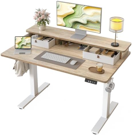 TIQLAB 40 * 24 inch Standing Desk with Two Drawers&Top Shelf, Maple by TIQLAB