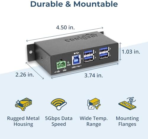 Coolgear 4 Port USB 3.0 Powered Industrial USB Hub, 5Gbps Speeds, Metal Housing, 7-48V DC Input, Wall and DIN-Rail Mountable, ESD Surge Protection - PC, MAC Compatible - Image 3
