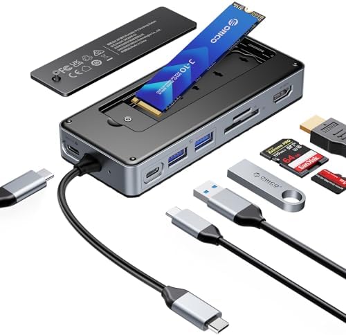 ORICO USB-C Hub with M.2 SSD Enclosure, 8-in-1 USB C Docking Station Fits M.2 NVMe/SATA SSD, 10Gbps, 4K@60Hz HDMI, 100W PD, SD/TF Card Reader by ORICO