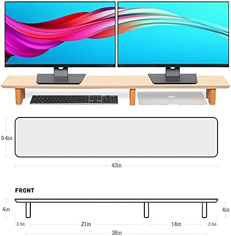 Aothia 43 inch Oak Solid Wood Dual Monitor Stand for Desk, Cork Legs - Image 4