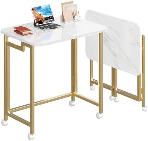 4NM 23.6" Mobile Small Rolling Computer Desk, Folding Laptop Cart Table with Wheels, Portable Office Desk for Small Space Couch Bed - White and Golden by 4NM
