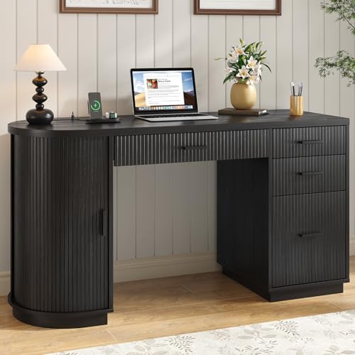 ONBRILL 58 Inch Fluted Executive Desk with File Drawer, Black - Image 3
