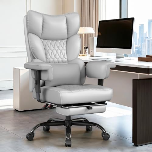 Misolant Big and Tall Office Chair with Footrest, High Back Executive Desk Chair with Adjustable Lift Armrest, 155°Recline，Lumbar Support Pillow, Faux Leather Gaming Chairs for Home or Office Gray by Misolant