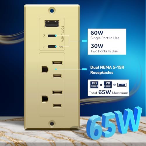 LIDER Rectangle Desktop Power Grommet with USB-C PD60W & USB-A, USB Combined Output 65W, 12A AC Outlets, Auto-Slide Cover, 6.5ft Cord, Desk Charging Station, ETL Listed, Thermoplastic, Matte Gold - Image 2