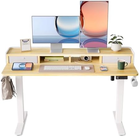 YIHAYO Electric Standing Desk with Drawers, 55 x 24 Inches Adjustable Desk with Storage Shelf, Stand Up Desk with Splice Board, Computer Table for Home Office, White Frame/Natural Top by YIHAYO