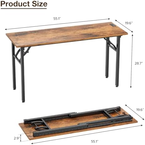 1TEMI Long Computer Desk Folding Table - No Assembly, Compact 55.1" Foldable Desk with Power Outlets & USB Charging Port, Portable Lagre Office Desk, Ideal Large Study Table for Narrow Spaces, Brown - Image 3