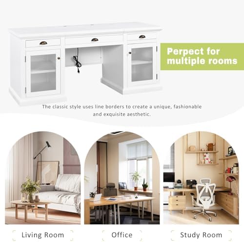67" Large Executive Office Desk, Modern White Wood Office Computer Desk, Rectangle Home Office Desk with 2 Wooden Doors Storage Cabinet and 3 Drawers, Writing Table,Workstation (White+Glass, 67") - Image 7