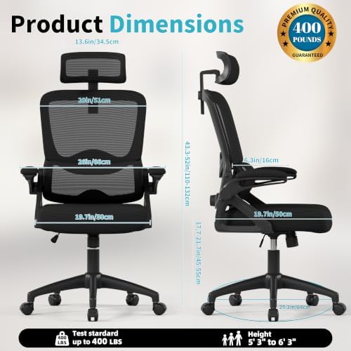 Ergonomic Office Chair,Mesh Office Chair with Lumbar Support,High Back Desk Chair with Flip-up Arms,400 lbs Big and Tall Computer Chair with Headrest,Comfy Desk Chairs - Image 2