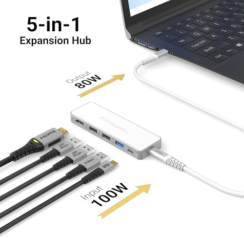 USB-C 5-in-1 Hub Pro Series: 4K 60Hz HDMI, 100W PD Charging, USB 3.0 Data, 20" Detachable Cable. Multiport Adapter for MacBook Pro/Air, iPad, Windows, Thunderbolt 3/4 (Silver White) - Image 3