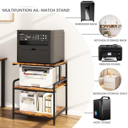 Arbuxzuy Large Printer Stand with Storage Shelf, 23.6" W x 18.9" D Printer Cart with Wheels, 3 Tier Mobile Printer Table for Home Office,Stands for Heat Press Scanner Fax (Brown) - Image 5