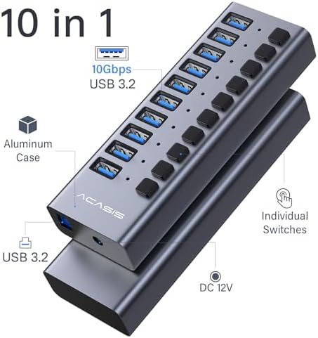 ACASIS Powered 10 Ports USB 3.2 Hub, 10Gbps Data Transfer, 48W Adapter - Image 2
