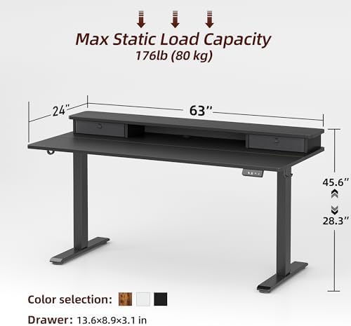 TIQLAB Standing Desk with Two Drawers, Stand Up Standing Desk Adjustable Height, Electric Sit Stand Table with Storage Shelf and Splice Board, 63 * 24 inch, Black - Image 3
