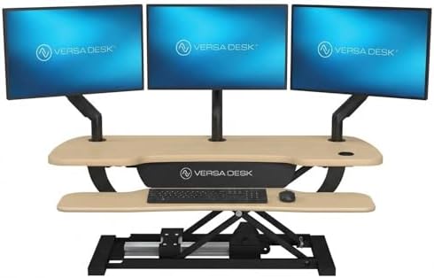 VERSADESK PowerPro 40 Inch Electric Standing Desk Converter – Push-Button Height Adjustable Sit to Stand Desk Riser for Triple Monitors & Laptop – Motorized Desktop Workstation with Wide Keyboard Tray by VERSADESK