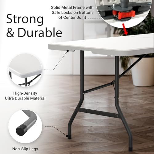 10 PACK of 6 Feet Foldable Table with Built in Handle & Steel Legs | 6FT Heavy Duty Folding Portable | Perfect for Party, Dining, Wedding, Events, Picnic Indoor, Outdoor, Camping, Utility Folding - Image 3