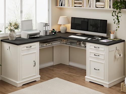 Farmhouse L Shaped Executive Desk with 4 Drawers, Home Office Desk with Hidden Under-Desk Storage Shelf and Charging Station, File Cabinet Storage, Wood Corner Computer Desk for Work(White+Black) by JOCOEVOL