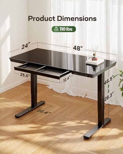 Marsail Glass Standing Desk with Drawer, 48 x 24 inch Electric Standing Desk, Height Adjustable Desk with One-Piece Tabletop & USB Charging Ports, Sit Stand Desk with Storage for Home & Office Black - Image 3