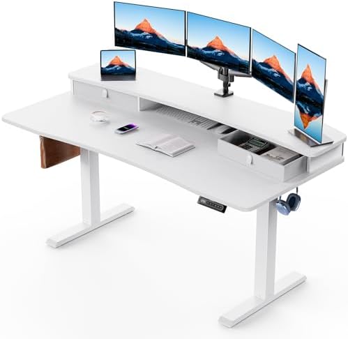 HUANUO 60″ x 30″ Electric Standing Desk with 2 Drawers, C-Clamp Mount Compatible, Height Adjustable Computer Desk, Home Office Stand Up Desk with 4 Preset Heights & 2 Hooks, White by HUANUO