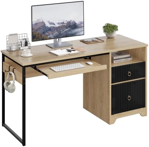 Bestier 55 Inch Office Desk with Fluted Panel & Keyboard Tray, Natural Oak by Bestier