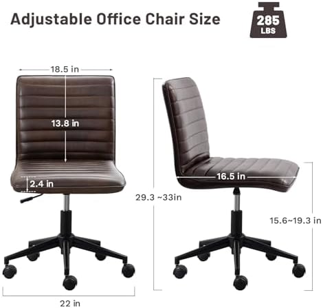 Furniliving PU Leather Office Desk Chair, Armless Vanity Chair with Wheels 360° Swivel Mid Back Height Adjustable, Computer Rolling Chairs with Gold Metal Base Stool, Black Brown - Image 2