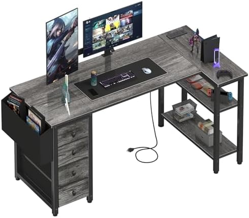Lufeiya L Shaped Gaming Desk with Drawers & Storage Shelves, 55 Inch Corner Computer Desk with Power Outlet for Home Office Bedroom, L-Shaped Teen PC Desks with Fabric Drawer, Gray by LUFEIYA
