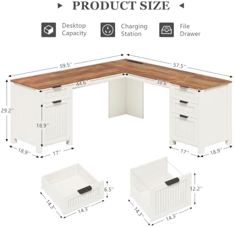 59" Farmhouse L Shaped Desk with Drawers & Storage Cabinet for Home Office - Image 2