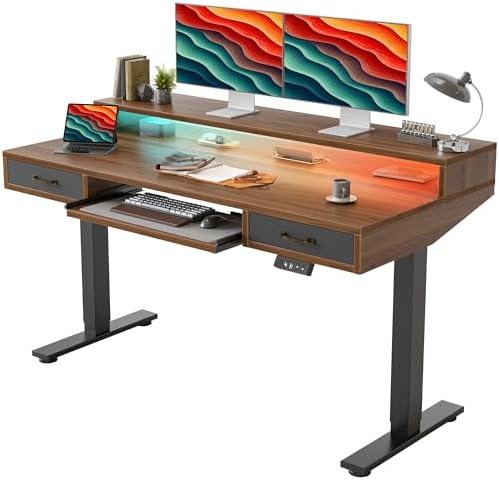 TIQLAB Standing Desk with Two Drawers, Stand Up Standing Desk Adjustable Height, Electric Sit Stand Table with Storage Shelf and Splice Board, with LED Light, 55 * 28 inch, Black Walnut by TIQLAB
