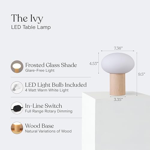 Brightech Ivy LED Table Lamp - Small 9” Bedside Reading Lamp, Modern Desk and Nightstand Light with Ambient Lighting for Bedroom, Living Room, Office - Frosted Glass Globe Lamp Shade, Wood - Image 3