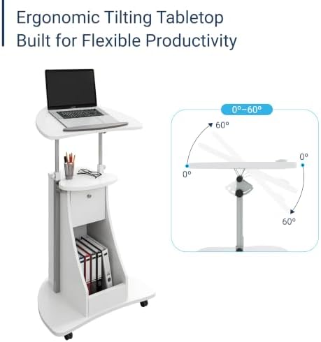 Techni Mobili Adjustable Height Rolling Laptop Cart with Storage, White - Image 5