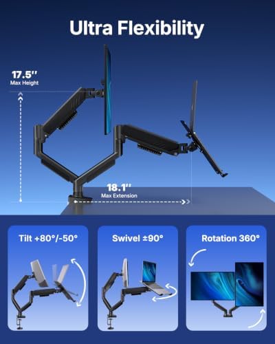HUANUO Dual Monitor Arm with Laptop Tray, 13-32" Monitor, 17" Laptops - Image 3