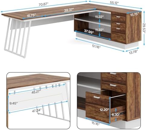 Tribesigns 71-Inch Executive Desk, L-Shaped Desk with Cabinet, Large Office Desk with Drawers and Storage Shelves, Writing Table Computer Desk for Home Office, Brown and White - Image 2