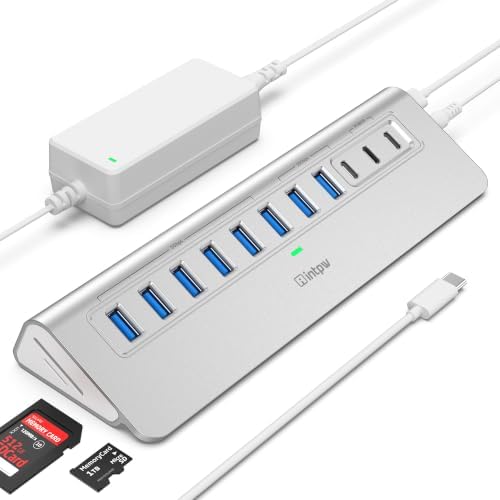 Powered USB Hub 10Gbps, intpw YH9AC Plus 13-Port USB 3.2 Hub(USB A/USB C 3.2+6 USB-A 3.0+2 PD 45W Fast Charging Ports+SD/TF Card Reader), 65W Power Adapter,Aluminum USB HUB for PC/Laptop,iPhone 17/16 by intpw