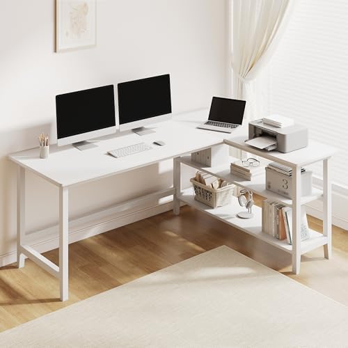 IOTXY 63" Reversible L-Shaped Office Desk with Storage Shelves, White by IOTXY