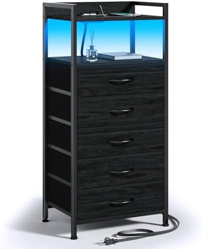 Furnulem Nightstand with Charging Station,LED,5 Drawers Dresser for Bedroom by Furnulem