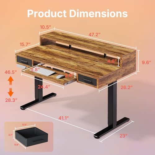 HUANUO 48″ X 26″ Electric Standing Desk with 2 Drawers &24.4″ Large Keyboard Tray, C-Clamp Mount Compatible, Adjustable Computer Desk for Office, Sit Stand Up Desk with 4 Height Presets, Vintage Brown - Image 2