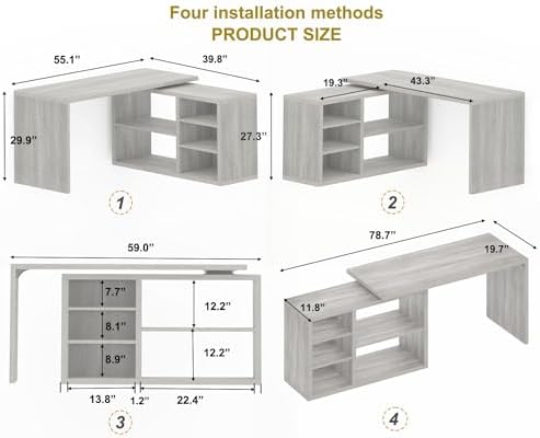 HSH L Shaped Corner Desk, Reversible Computer Desk, Light Grey, 55 Inch - Image 2