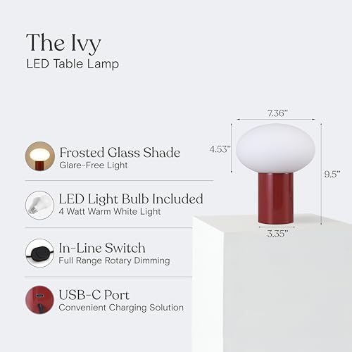 Brightech Ivy LED Table Lamp - Small 9” Bedside Reading Lamp, Modern USB Desk and Nightstand Light with Ambient Lighting for Bedroom, Living Room, Office - Frosted Glass Globe Lamp Shade, Red - Image 3