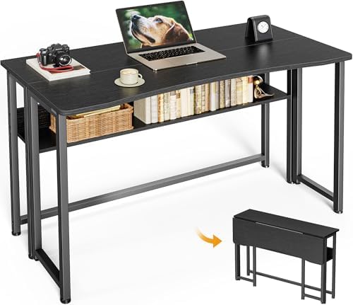 Huuger Folding Desk with Storage Shelf, 39.3 Inch Foldable Computer Table by Huuger