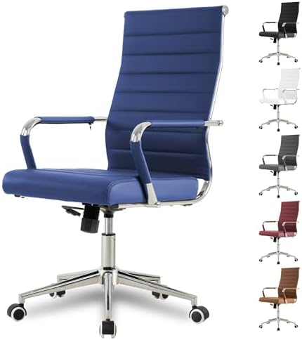Okeysen Navy Blue Office Desk Chair, Ergonomic Leather Modern Conference Room Chairs, Executive Ribbed Height Adjustable Swivel Rolling Chair for Home Office. by Okeysen