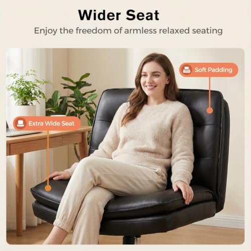 GTPLAYER Cross Legged Office Chair, Armless Desk Chair Cute Vanity Chair with Wheels Computer Chair Comfy Wide Office Chair Adjustable Swivel for Home Computer Task,Pu Leather, Black - Image 5