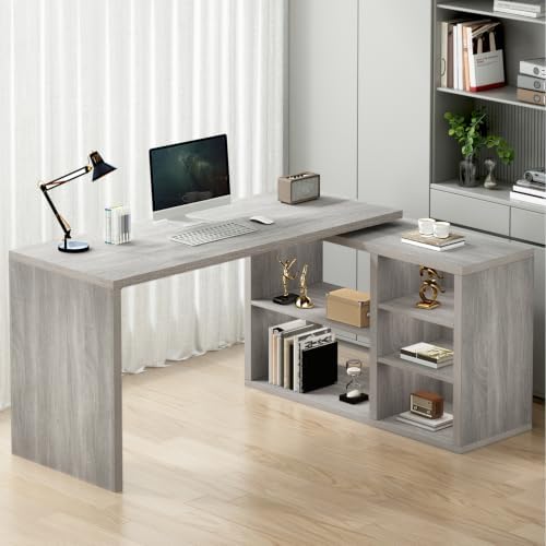 HSH L Shaped Corner Desk, Reversible Computer Desk, Light Grey, 55 Inch - Image 3
