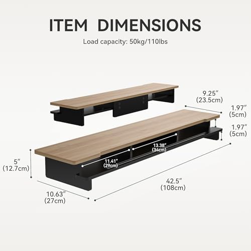 42.5” Dual Monitor Stand Desk Shelf with Phone Tablet Holder - Image 5