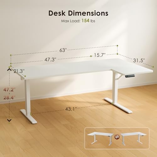 OffiGo 63 Inch Reversible L Shaped Electric Standing Desk, White - Image 3
