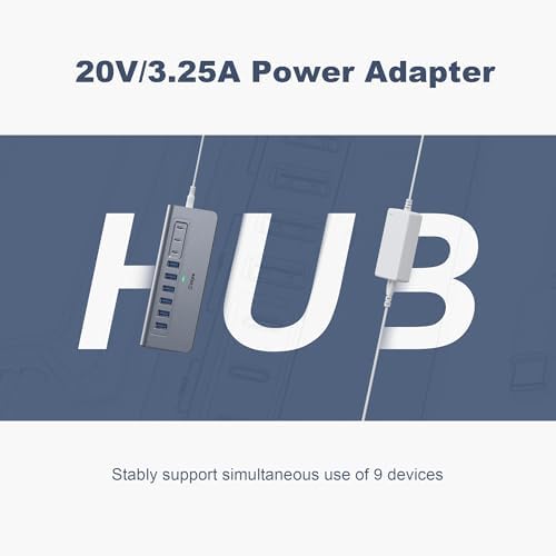 Powered USB Hub 10Gbps, intpw 9-Port USB 3.2/USB C Hub(3 USB 3.2 + 4 USB 3.0 + 2 PD 45W Charging Ports), 65W Power Adapter and 3.3FT Cable, Aluminum USB Hub for Laptop, iPhone 17/16/PC - Image 6