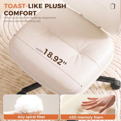 COMHOMA Home Office Desk Chair with Comfy Lumbar Support, Small Vanity Chair with Wheel for Bedroom, Thick Padded & Armless, 19.1"-25.4" Height Adjustable, Soft PU Leather, White - Image 4