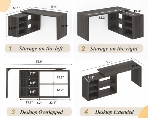 HSH L Shaped Computer Desk, Rustic Wood Corner Desk, Dark Gray Oak, 55 inch - Image 2