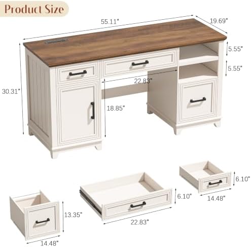 Vabches 55" Farmhouse Executive Desk with Charging Station, Rustic White - Image 2