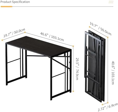 Lutown-Teen Folding Desk 40 inch No Assembly Required, Black - Image 3